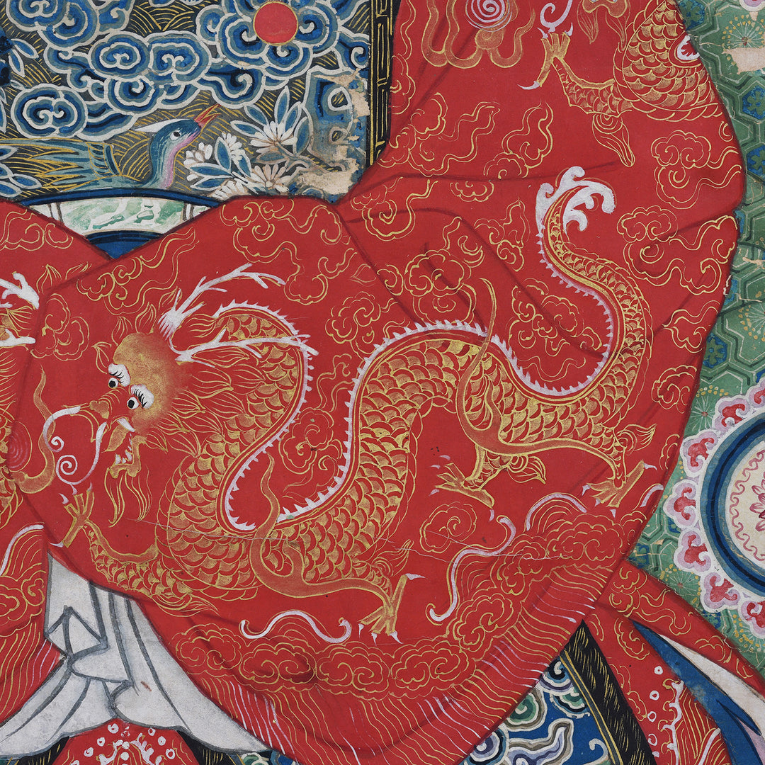 Dragon Detail From Clothing In Framed Chinese Ink And Colour On Paper Painting Of A Manchurian Lady Seated In Elaborate Court Robes 