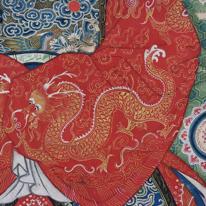 Dragon Detail From Clothing In Framed Chinese Ink And Colour On Paper Painting Of A Manchurian Lady Seated In Elaborate Court Robes 