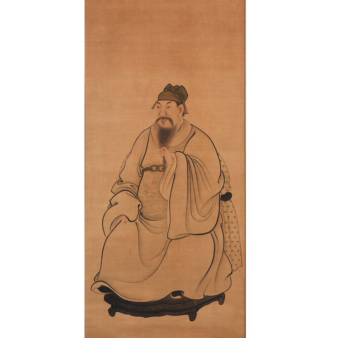 Print Detail Of Framed Chinese Ink And Colour On Silk Painting Depicting A Male Court Official In Ceremonial Robes