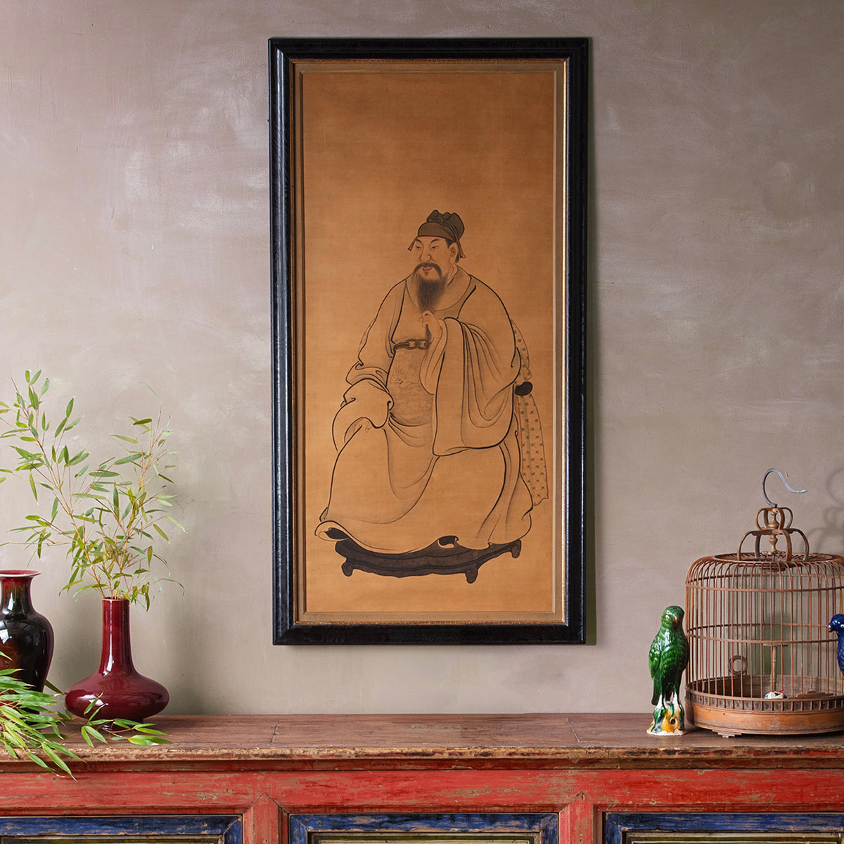 Framed Chinese Ink And Colour On Silk Painting Depicting A Male Court Official In Ceremonial Robes