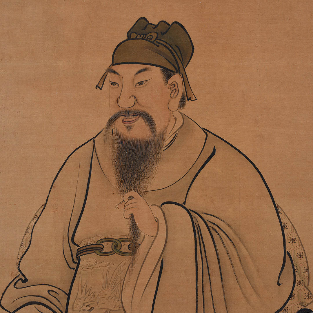 Face Detail From Framed Chinese Ink And Colour On Silk Painting Depicting A Male Court Official In Ceremonial Robes