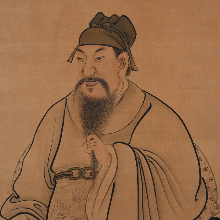 Face Detail From Framed Chinese Ink And Colour On Silk Painting Depicting A Male Court Official In Ceremonial Robes