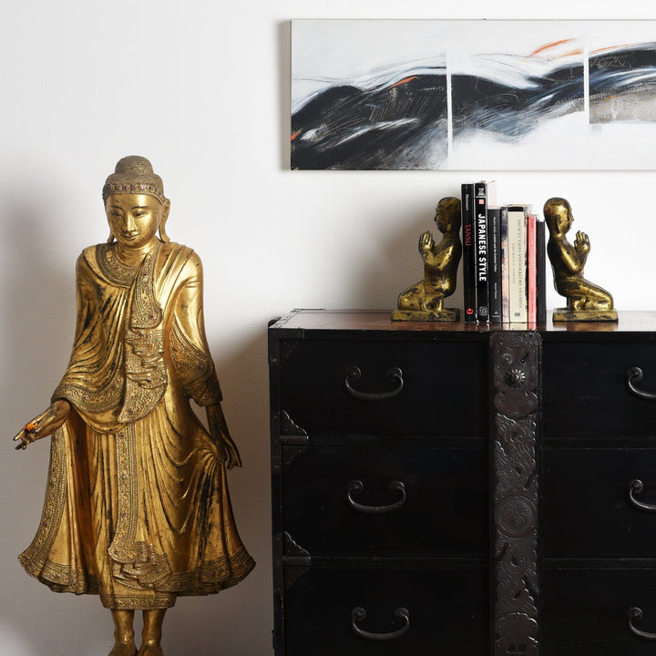 Antique Gilt Mandalay Buddha With a Japanese Tansu Chest | Indigo Antiques