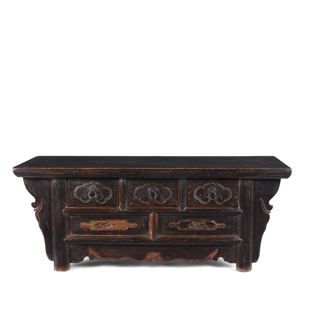 Mid 19th Century Black Lacquer Shanxi Kang Table With Three Drawers And Floral Carvings