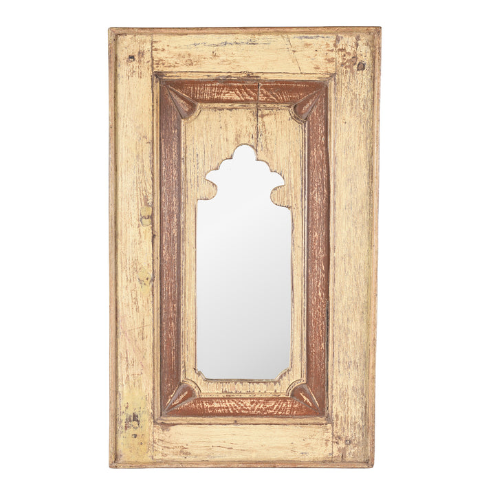 Mihrab Mirror Wall Art Made From Reclaimed Teak With Distressed Yellow Finish | Indigo Antiques