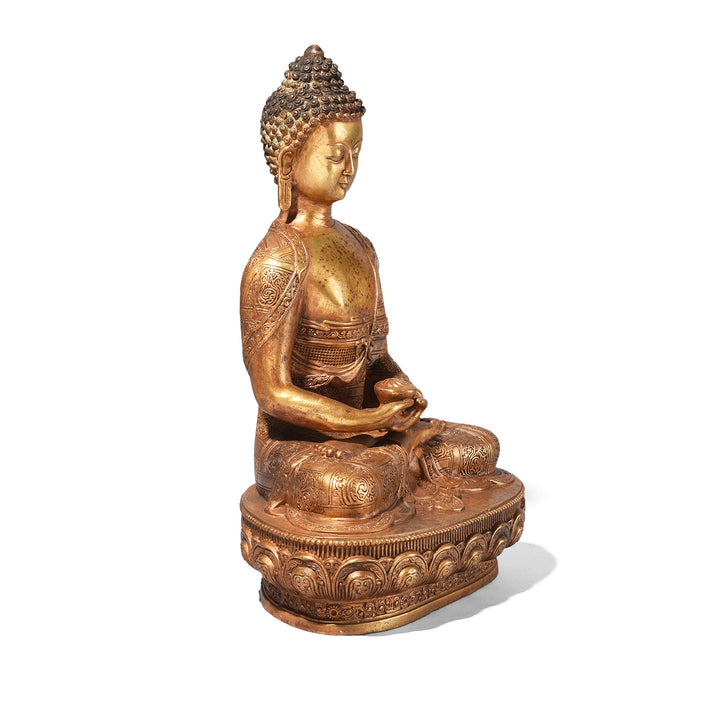 Angled View Of Gilt Brass Sitting Buddha - Dhyana Mudra | Indigo Antiques
