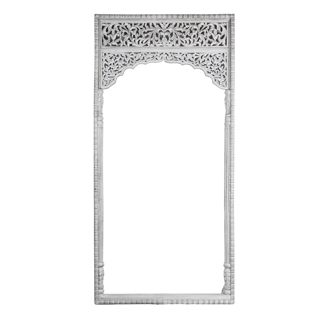 Modern Mango Wood Indian Archway With Mughal Style Carving And Whitewashed Finish