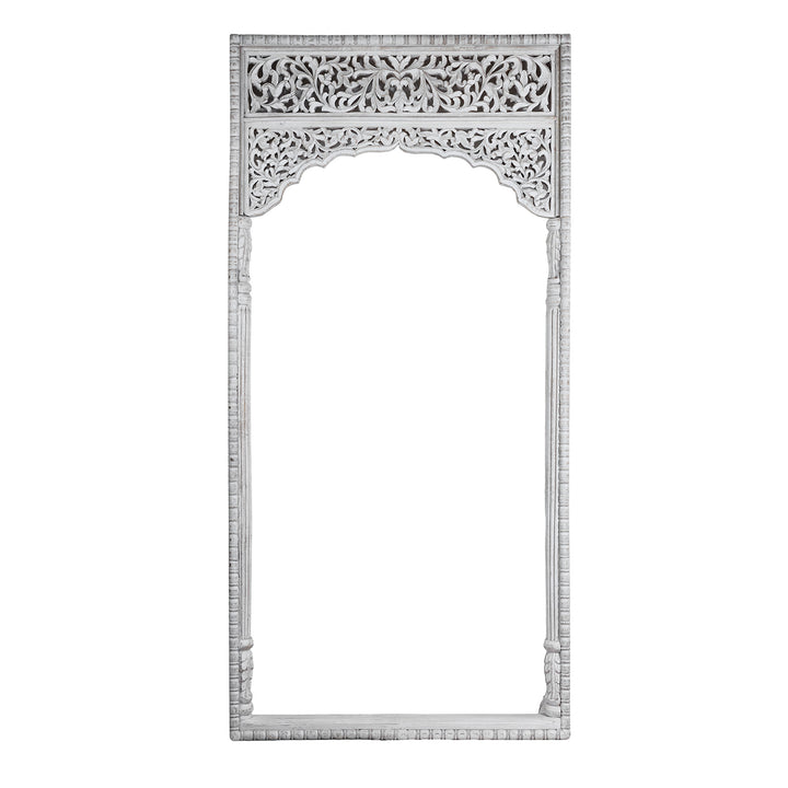 Modern Mango Wood Indian Archway With Mughal Style Carving And Whitewashed Finish