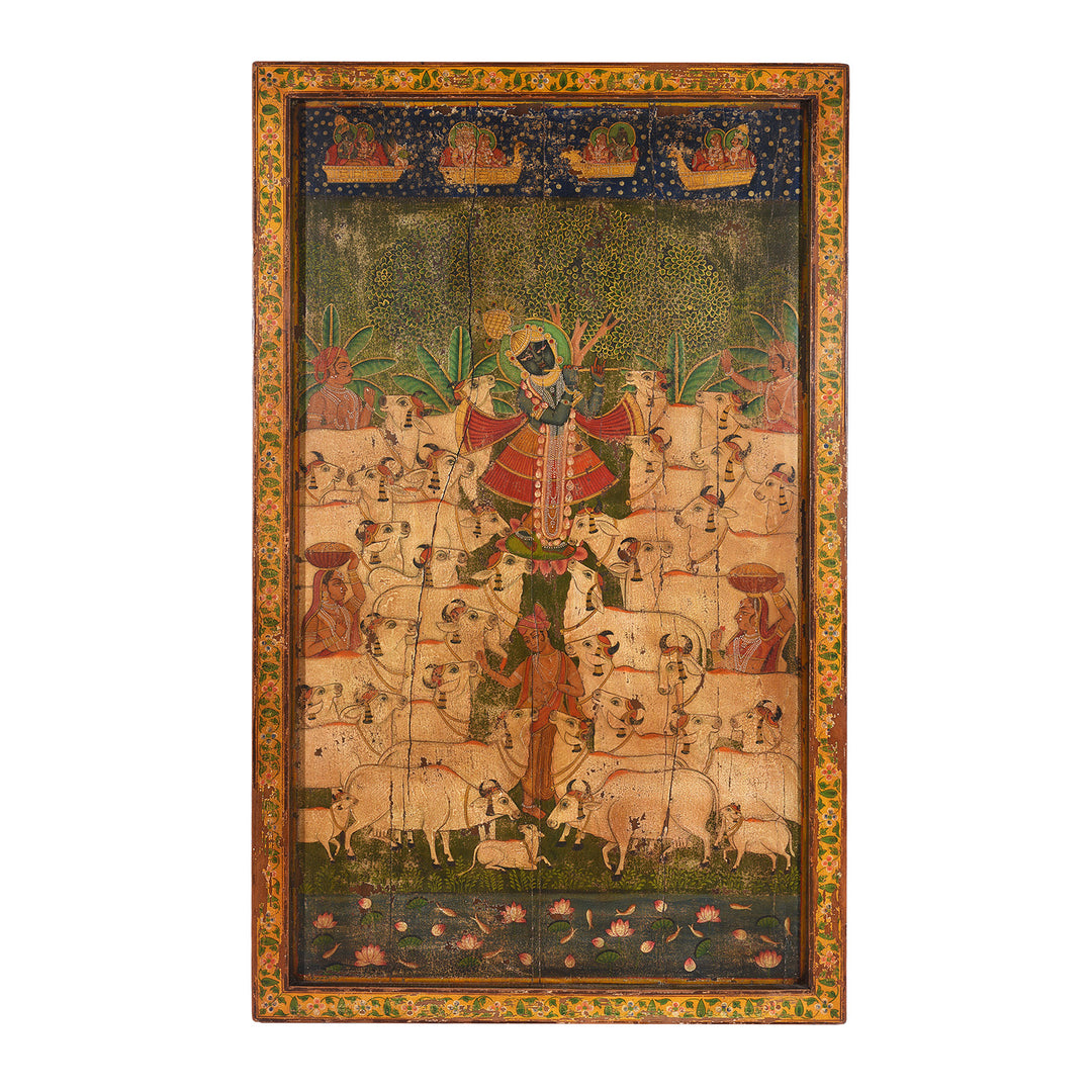 Modern Painted Wooden Pichwai Panel Depicting Krishna With Nandi Bulls And Attendant Deities | Indigo Antiques