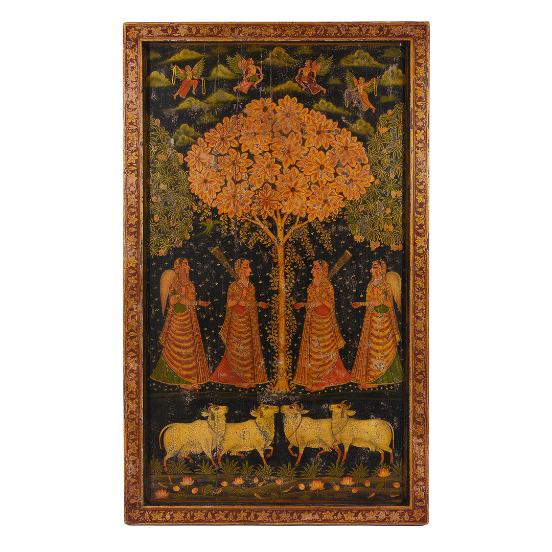 Modern Painted Wooden Pichwai Panel With Sacred Tree Attendant Deities And Nandi Bulls | Indigo Antiques