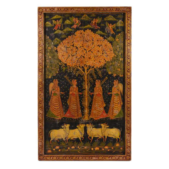 Modern Painted Wooden Pichwai Panel With Sacred Tree Attendant Deities And Nandi Bulls | Indigo Antiques