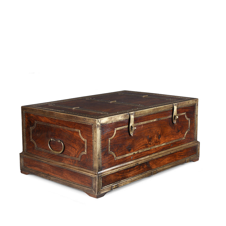 Angled View Of Mughal Period Brass Bound Rosewood Jewellery Box From Kerala With Secret Drawers Circa 18th Century