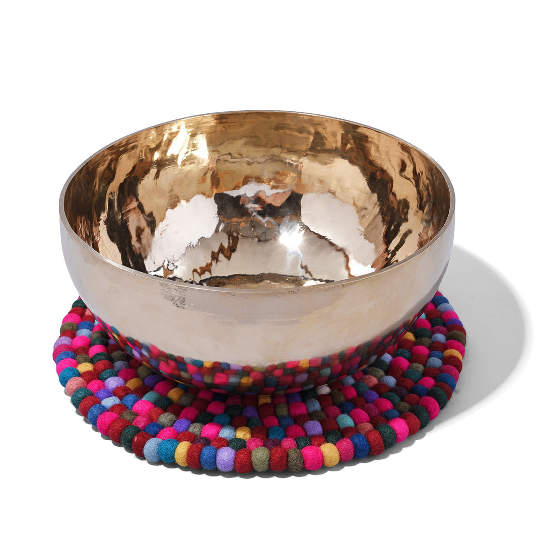 Handmade 35cm multi-coloured felt ball singing bowl cushion from Nepal, crafted from individually hand-felted wool balls to provide a stable and protective base for Tibetan singing bowls