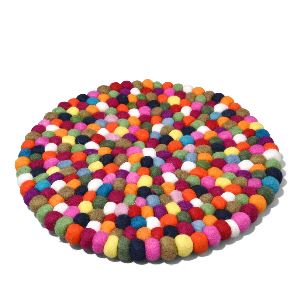 Top Down View Of Handmade 40cm multi-coloured felt ball singing bowl cushion from Nepal, crafted from individually hand-felted wool balls to provide a stable and protective base for Tibetan singing bowls.