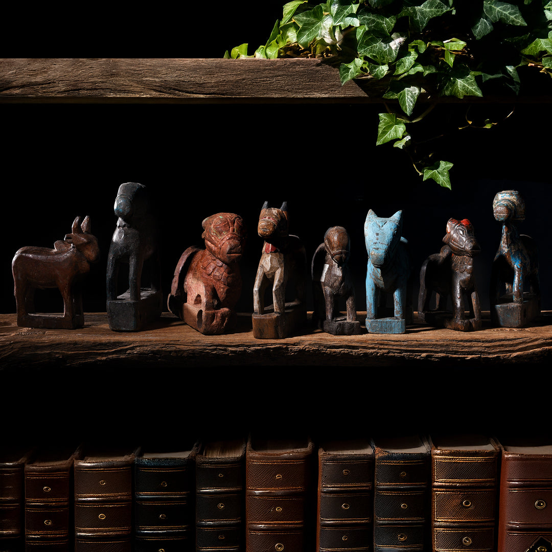 Antique Painted Indian Wooden Nandi Bull Toy Collection  | INDIGO ANTIQUES