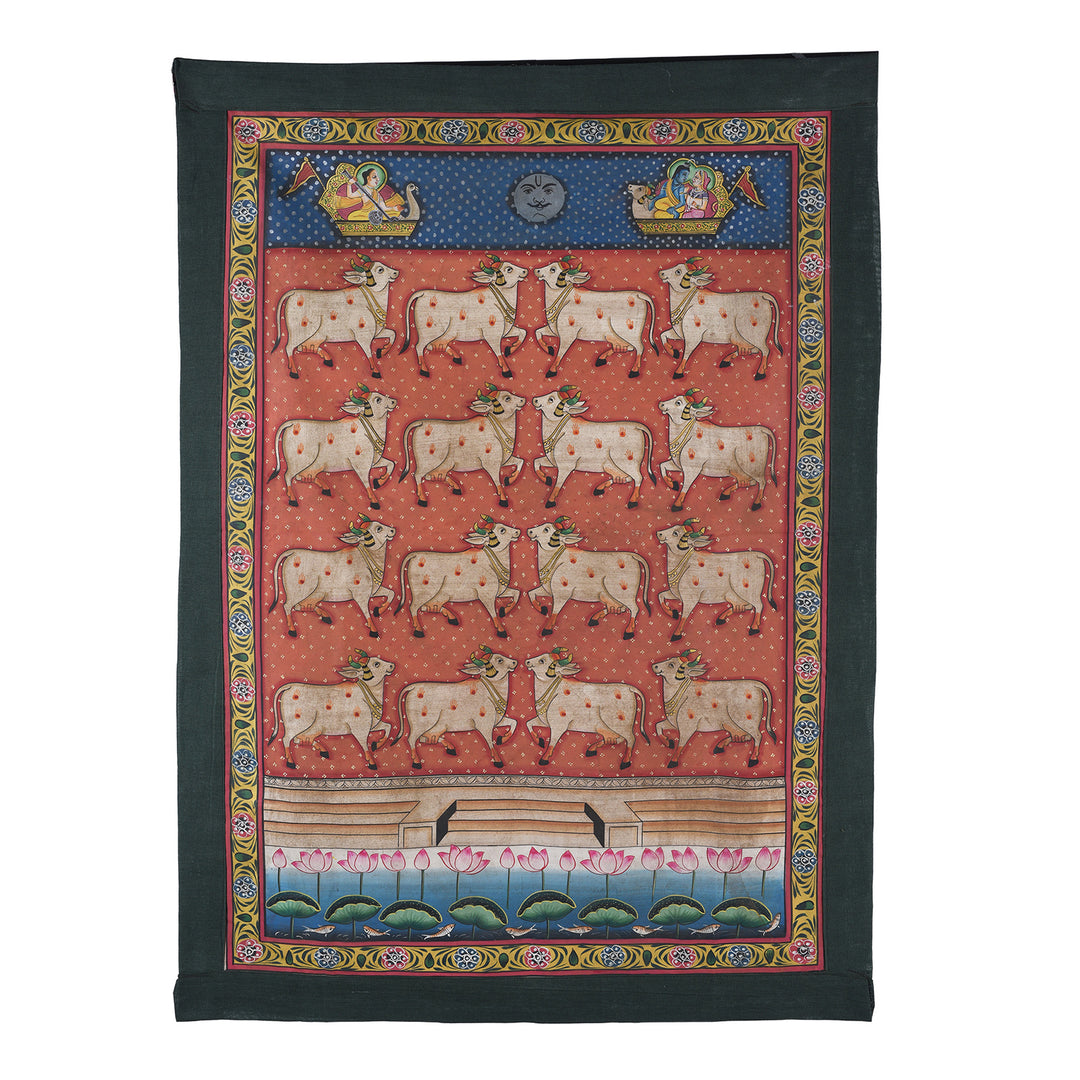 Nandi Pichwai Painting With Stylised Cows Celestial Deities And Lotus Pond Rajasthan 20th Century