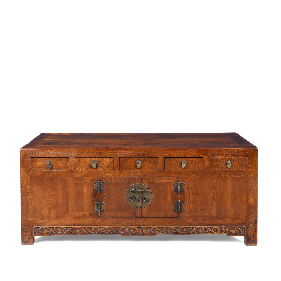 Nineteenth Century Burr Elm Chinese Kang Cabinet With Drawers Brass Hardware And Carved Apron