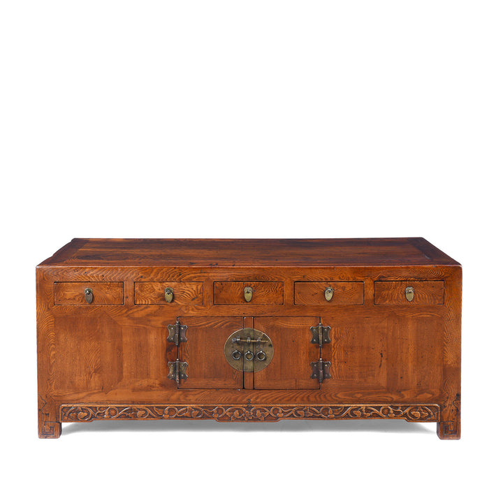 Nineteenth Century Burr Elm Chinese Kang Cabinet With Drawers Brass Hardware And Carved Apron