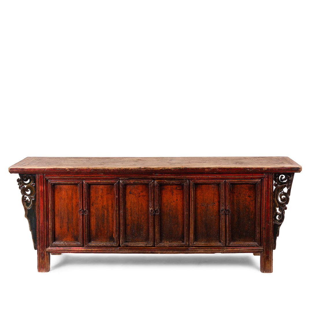 Nineteenth Century Gansu Sideboard With Panelled Doors And Ornately Carved Side Spandrels