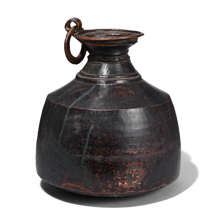 Nineteenth Century Hand Beaten Copper Water Pot From Nepal With Forged Ring Detai
