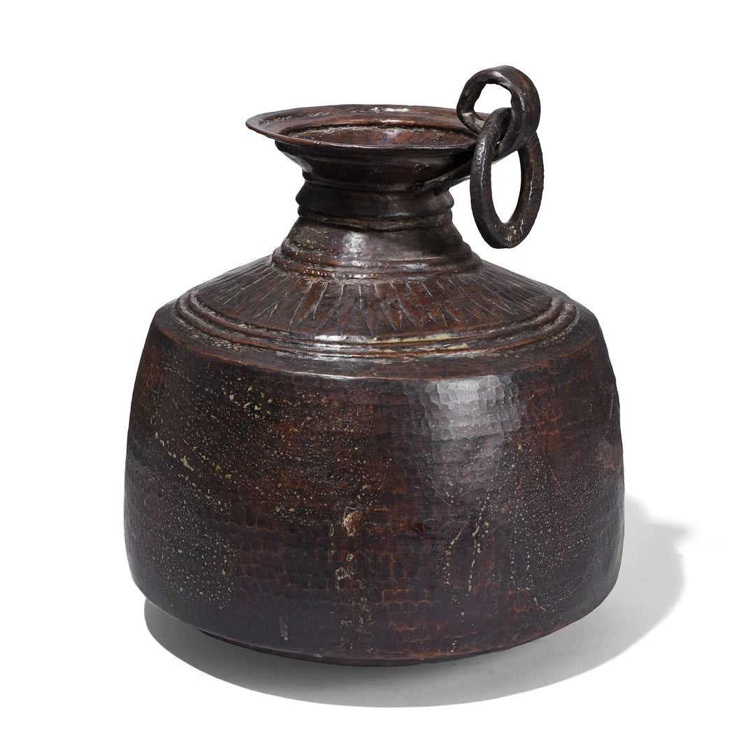 Nineteenth Century Hand Beaten Copper Water Pot From Nepal With Forged Ring Detail