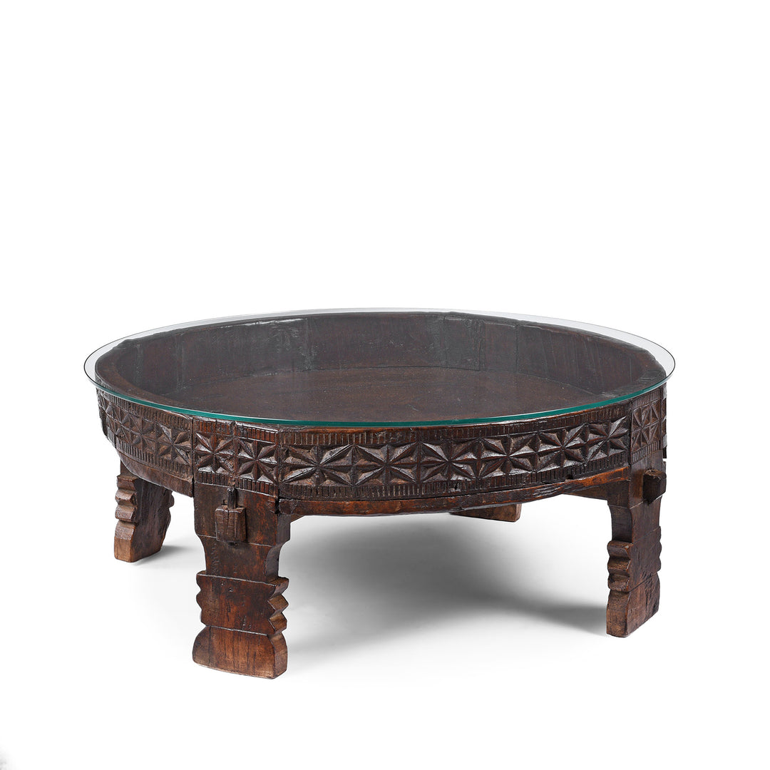 Nineteenth Century Indian Teak Chakki Table With Chip Carved Decoration And Glass Top