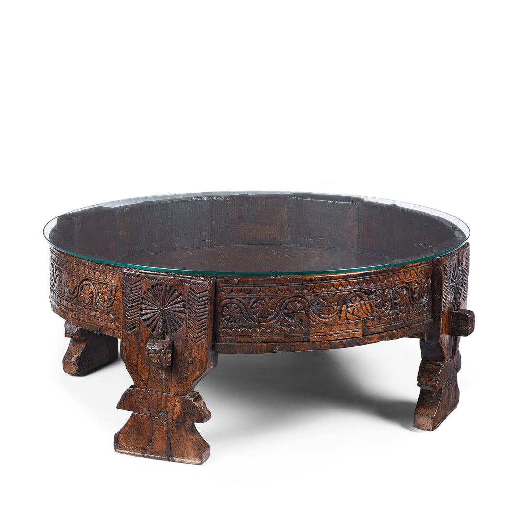  Indian Teak Chakki Nineteenth CenturyTable With Chip Carved Decoration And Glass Top