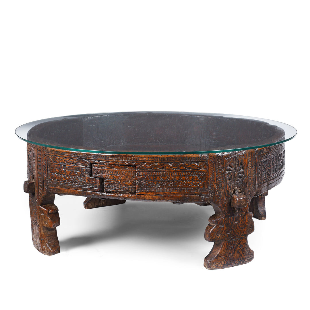 Nineteenth Century Indian Teak Chakki Table With Chip Carved Decoration And Glass Top