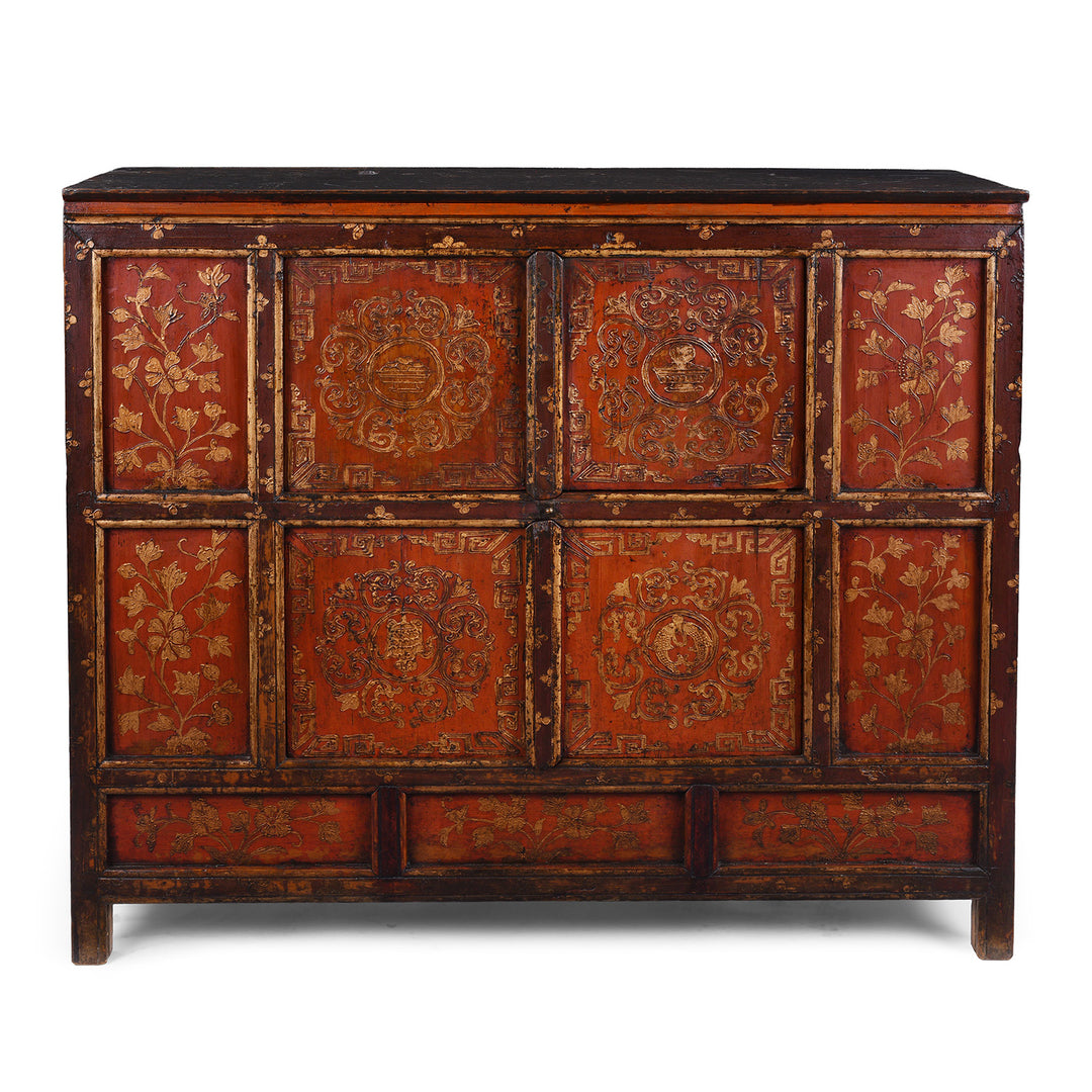 Nineteenth Century Tibetan Red And Gold Painted Altar Cabinet