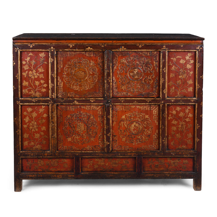 Nineteenth Century Tibetan Red And Gold Painted Altar Cabinet