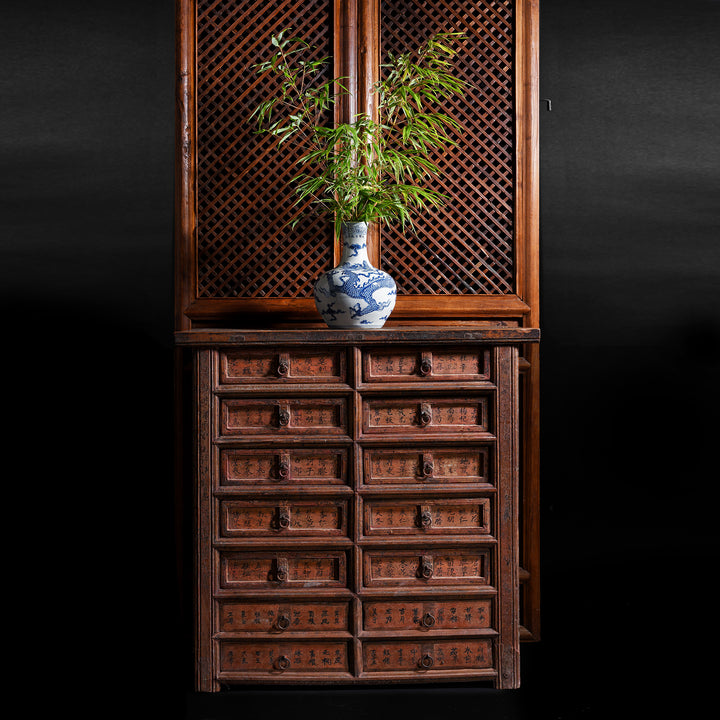Antique Chinese Painted Apothecary Chest From Shanxi Province In Front of Chinese Screens | Indigo Antiques