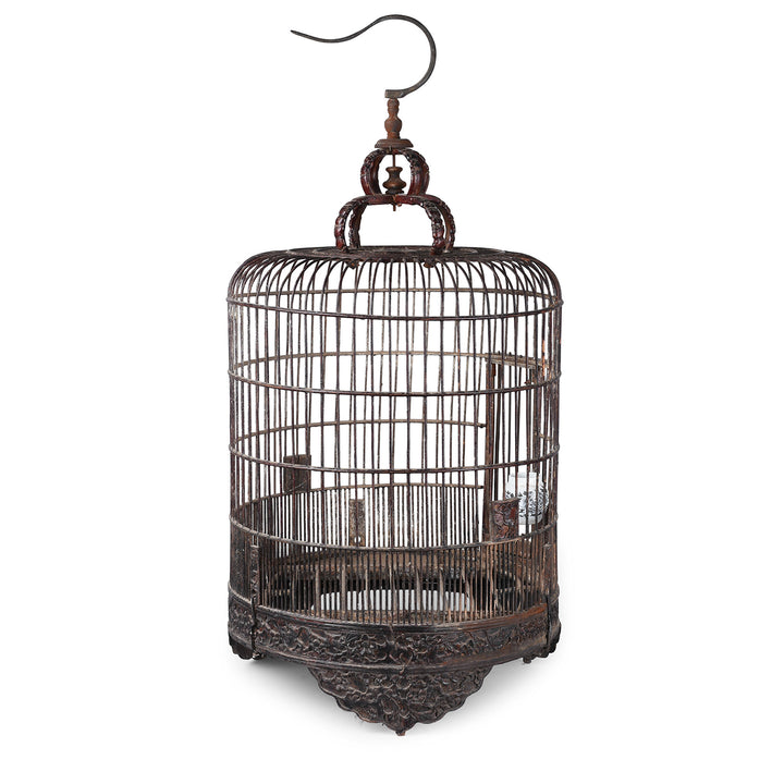 Old Chinese Bamboo Bird Cage With Carved Wooden Stand Porcelain Feeding Bowl And Hanging Hook