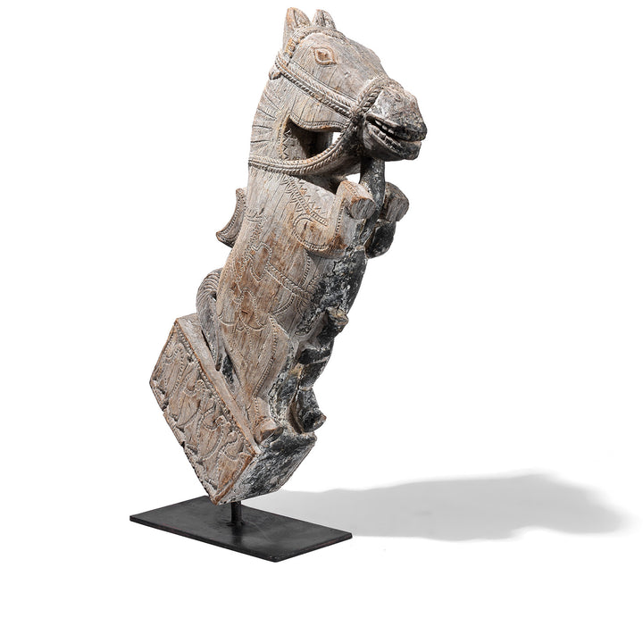 Option 1 Carved Teak Horse Head Architectural Corbel On Iron Stand From Andhra Pradesh 19th Century