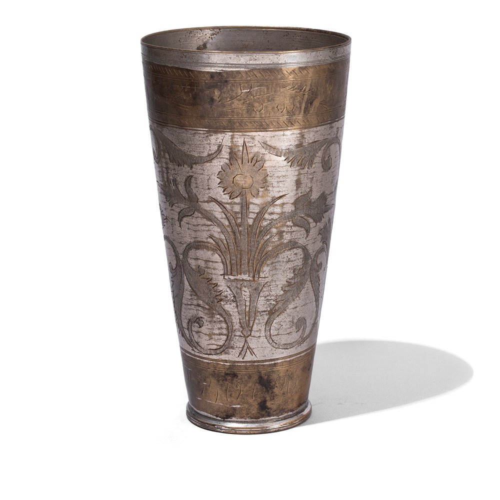Option 1 Vintage North Indian Nickel Plated Brass Lassi Cup With Hand Etched Floral Design