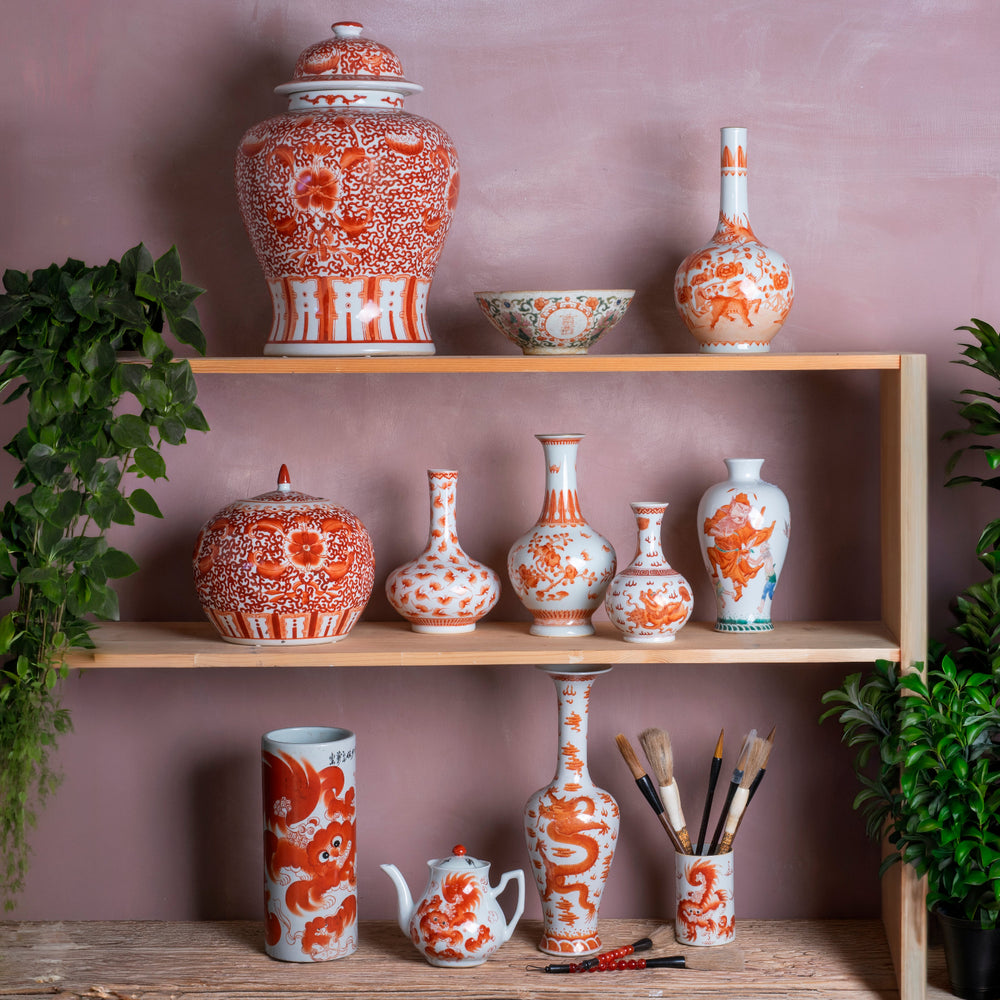 Iron red Chinese underglaze porcelain vases & temple jars on a shelf, hand painted in Jingdezhen 