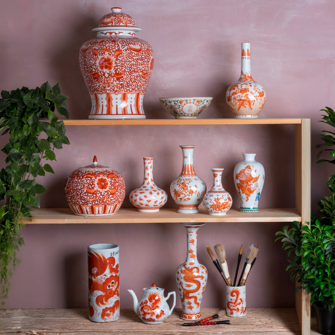 Iron red Chinese underglaze porcelain vases & temple jars on a shelf, hand painted in Jingdezhen 