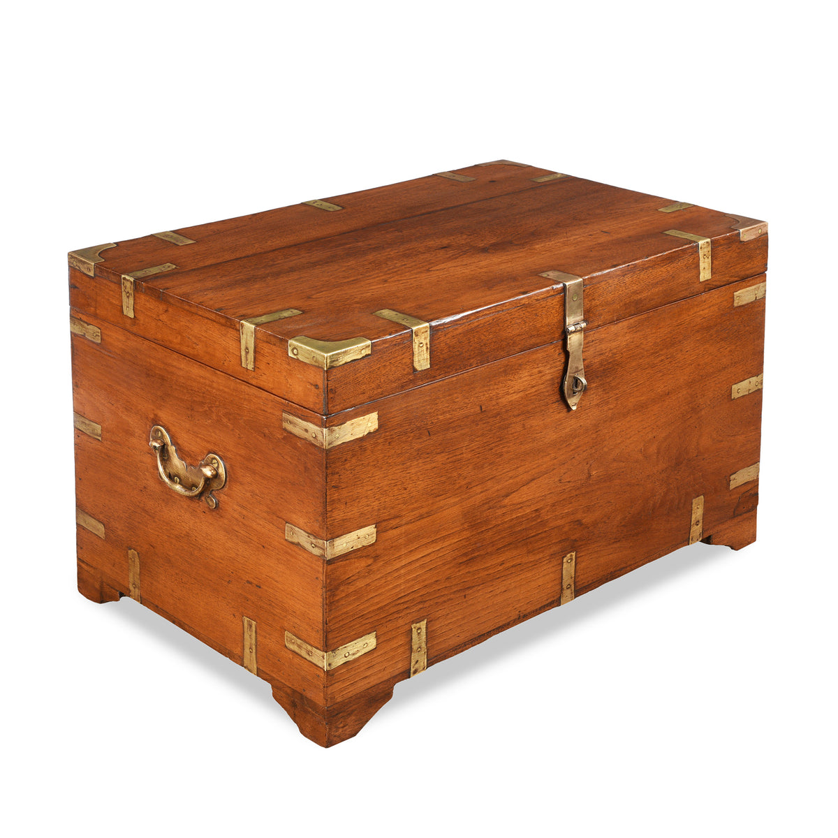 Angled View Of Antique Brass Bound Teak Military Chest | Indigo Antiques