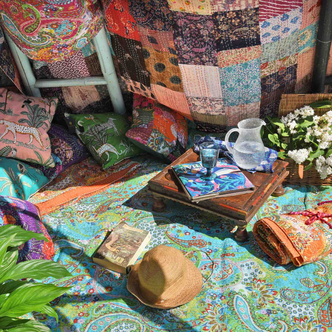 Turquoise Paisley Hand Block Printed Cotton Kantha Throw  - Double bed Size