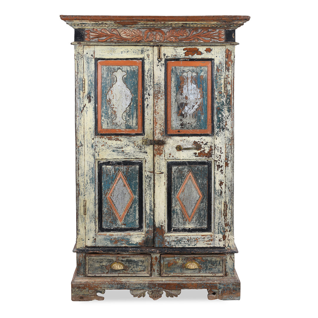 Painted 19th Century Indian Almirah Cabinet With Distressed Cream Blue And Terracotta Finish Carved Frieze Three Shelves And Two Drawers | Indigo Antiques