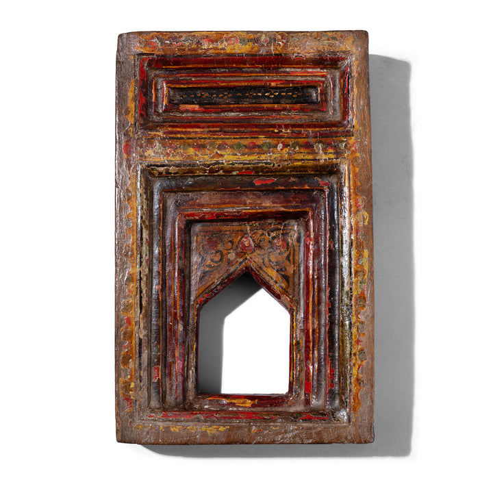 Painted 19th Century Teak Votive Panel From Andhra Pradesh With Mughal Inspired Arch And Original Polychrome Decoration  Indigo Antiques