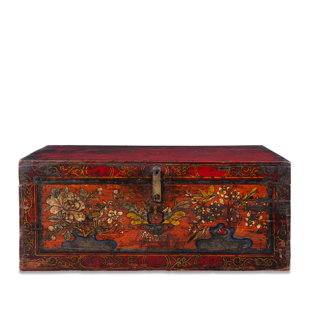 Painted Mongolian Influenced Chest From Gansu Province China With Floral And Bird Motifs Late 19th Century