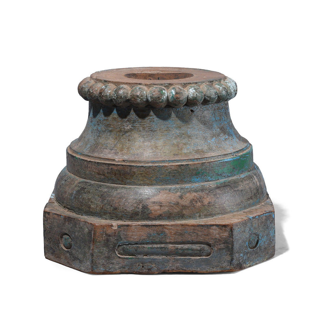 Painted Indian Pillar Capital Candlestand With Distressed Blue And Green Finish, 19th Century