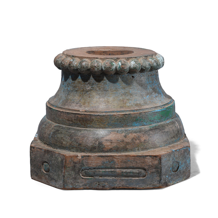 Painted Indian Pillar Capital Candlestand With Distressed Blue And Green Finish, 19th Century