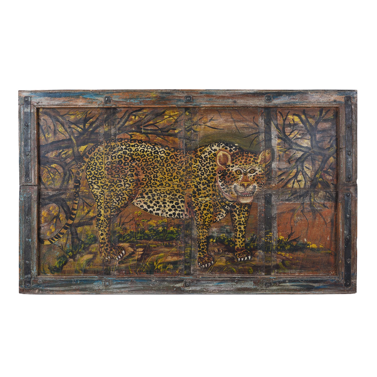 Painted Leopard Panel On An Old Teak Door | Indigo Antiques