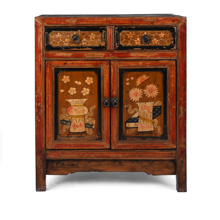 Painted Mongolian Side Cabinet With Floral Panels And Two Drawers