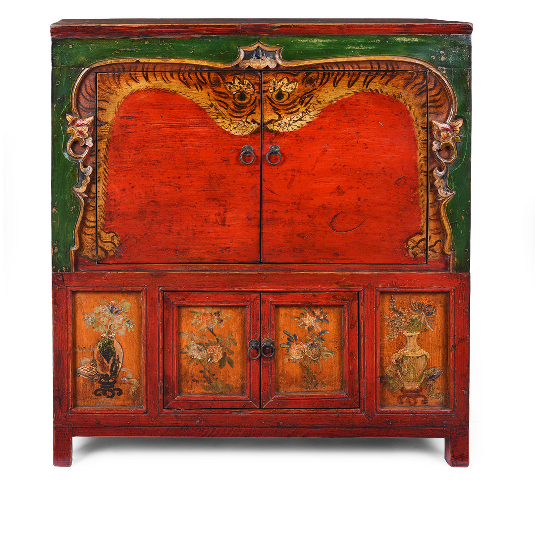 Painted Qinghai Tiger Cabinet With Original Floral Panels Detail | Indigo Antiques