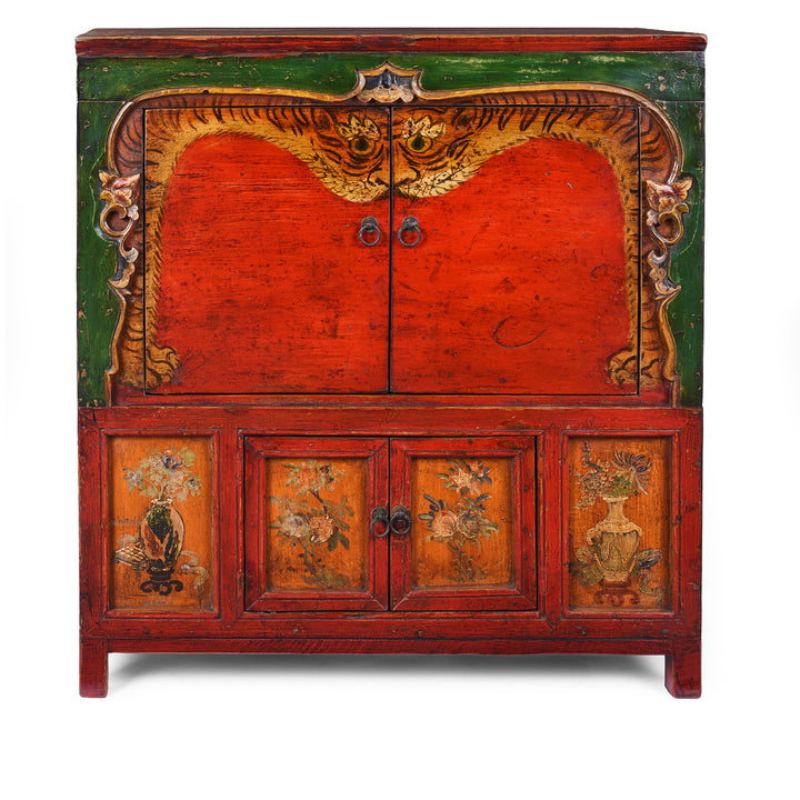 Painted Qinghai Tiger Cabinet With Original Floral Panels Detail | Indigo Antiques