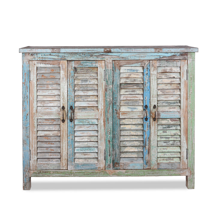 Painted Reclaimed Teak Four Door Louvre Sideboard With Distressed Multi Coloured Finish