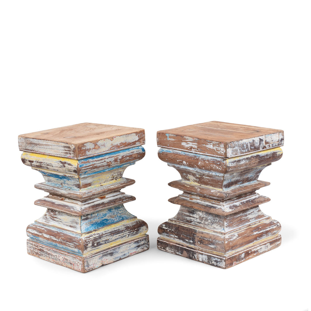 Painted Teak Column Side Table Made From Reclaimed Indian Pillar Capital