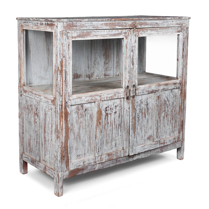 Painted Teak Glazed Book Cabinet From Gujarat With Distressed Finish And Glass Panel Doors | Indigo Antiques